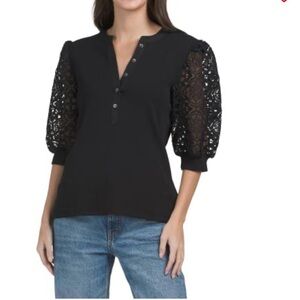 Elie Tahari Black Lace Puff-Sleeve Henley Top NWT